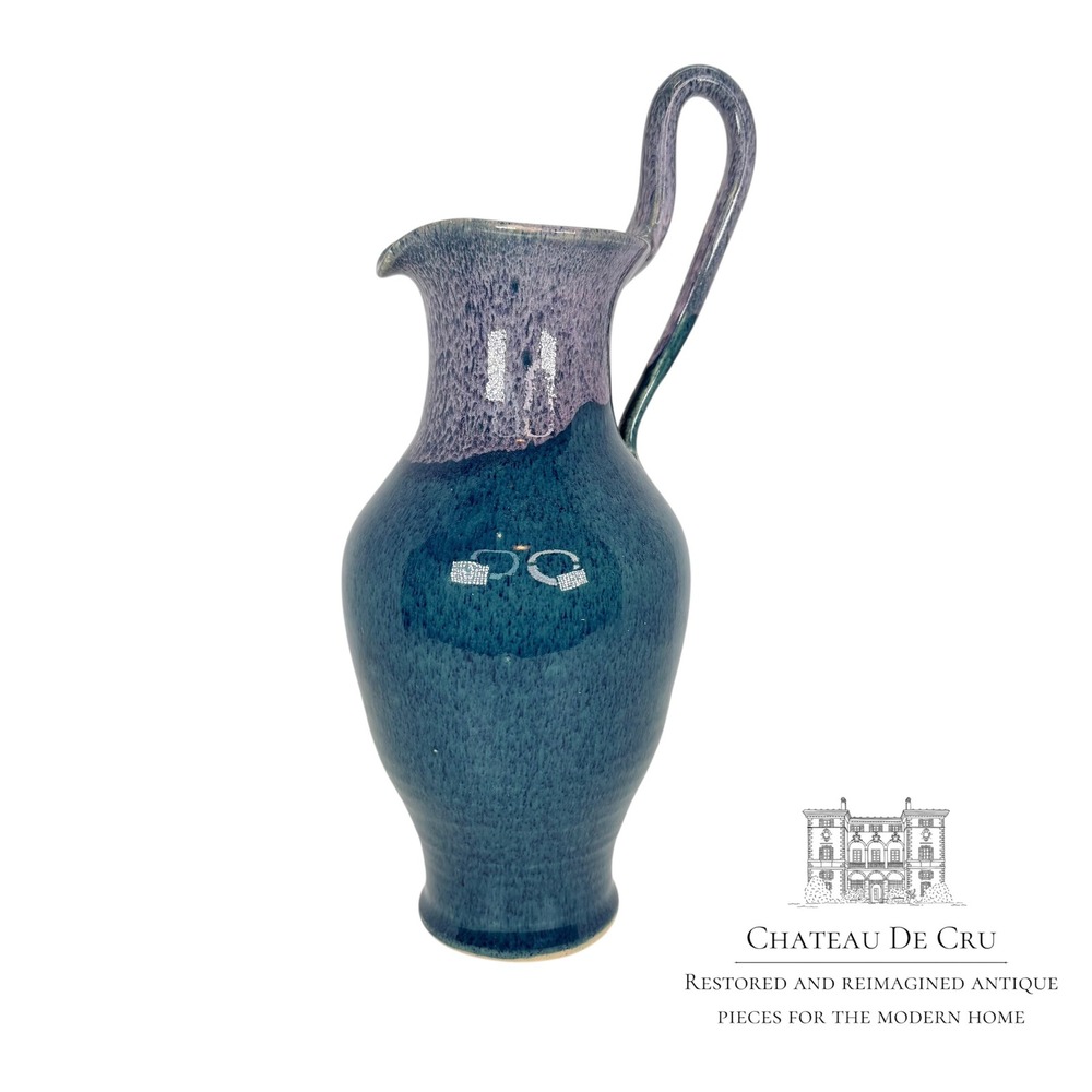 Studio‎ Pottery Blue pitcher drippy glaze By John Garrou 11" Old Fort NC VTG
